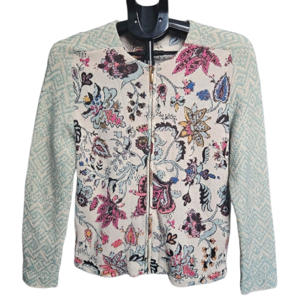 Floral Zip-Front Women's Jacket in Mint and Cream